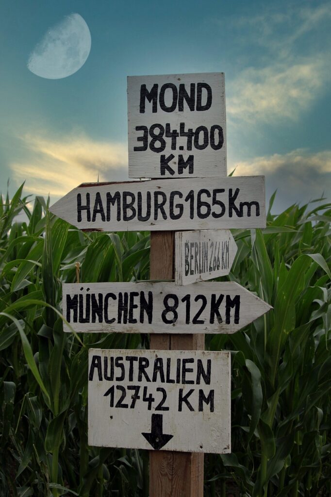 moon, signpost, distance, wooden sign, kilometre, direction, sign, heaven, waypoint, directions, directional, tourism, planet, hamburg, berlin, munich, australia, to travel, travel, summer, cornfield, field, globetrotter, vacations